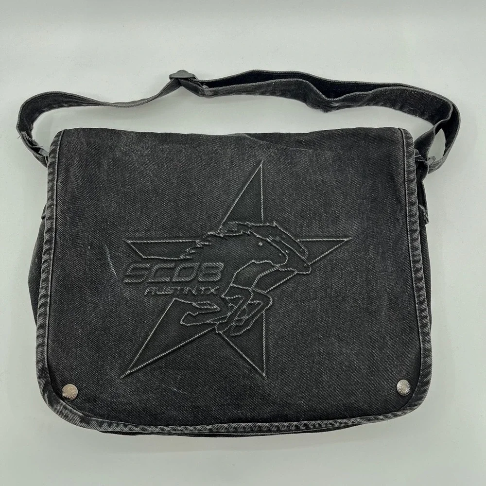 Y2K Black Denim Messenger Crossbody Bag Horse Star Made in USA Indie Sleaze